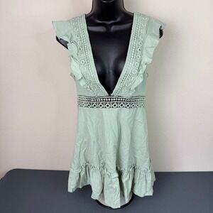 Zaful Mini Dress Womens 6 Green Crochet Lace Ruffle Backless Boho Cotton Summer